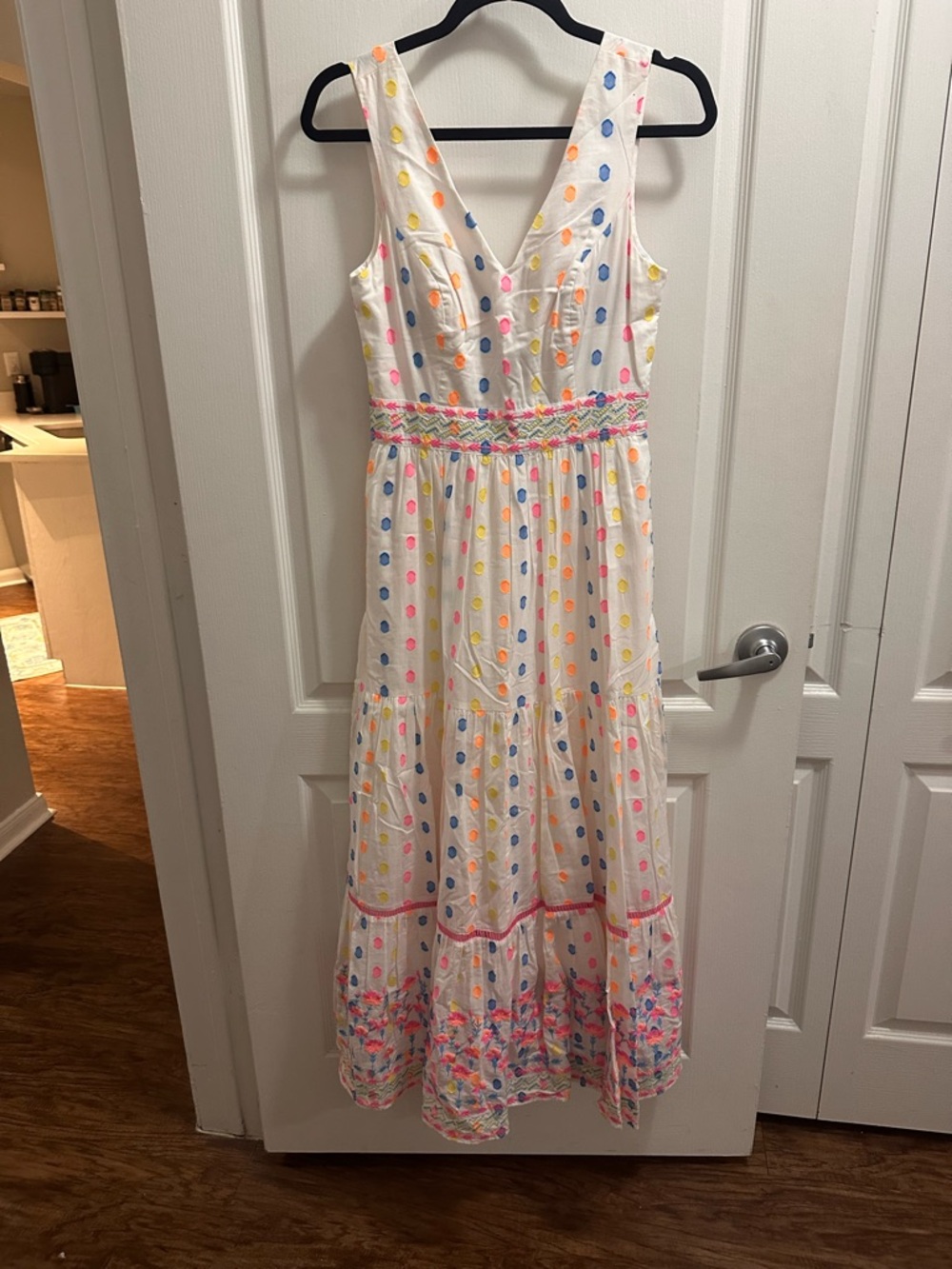 Lilly Pulitzer White Maxi Dress with Pink, Blue, Yellow & Orange Polka Dots